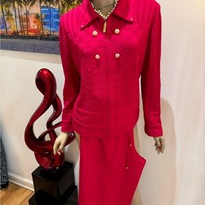 St. John Vibrant Pink pants suit jacket embellished Large buttons wool designer